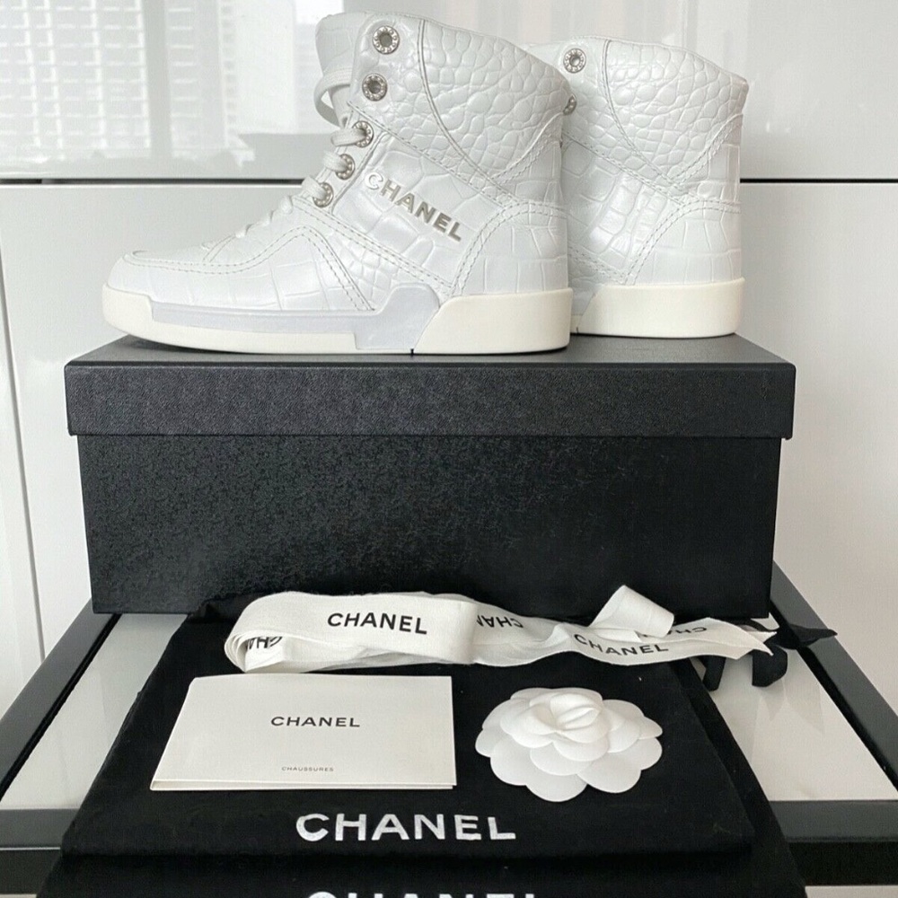 CHANEL CALFSKIN WHITE HIGH TOP SNEAKERS